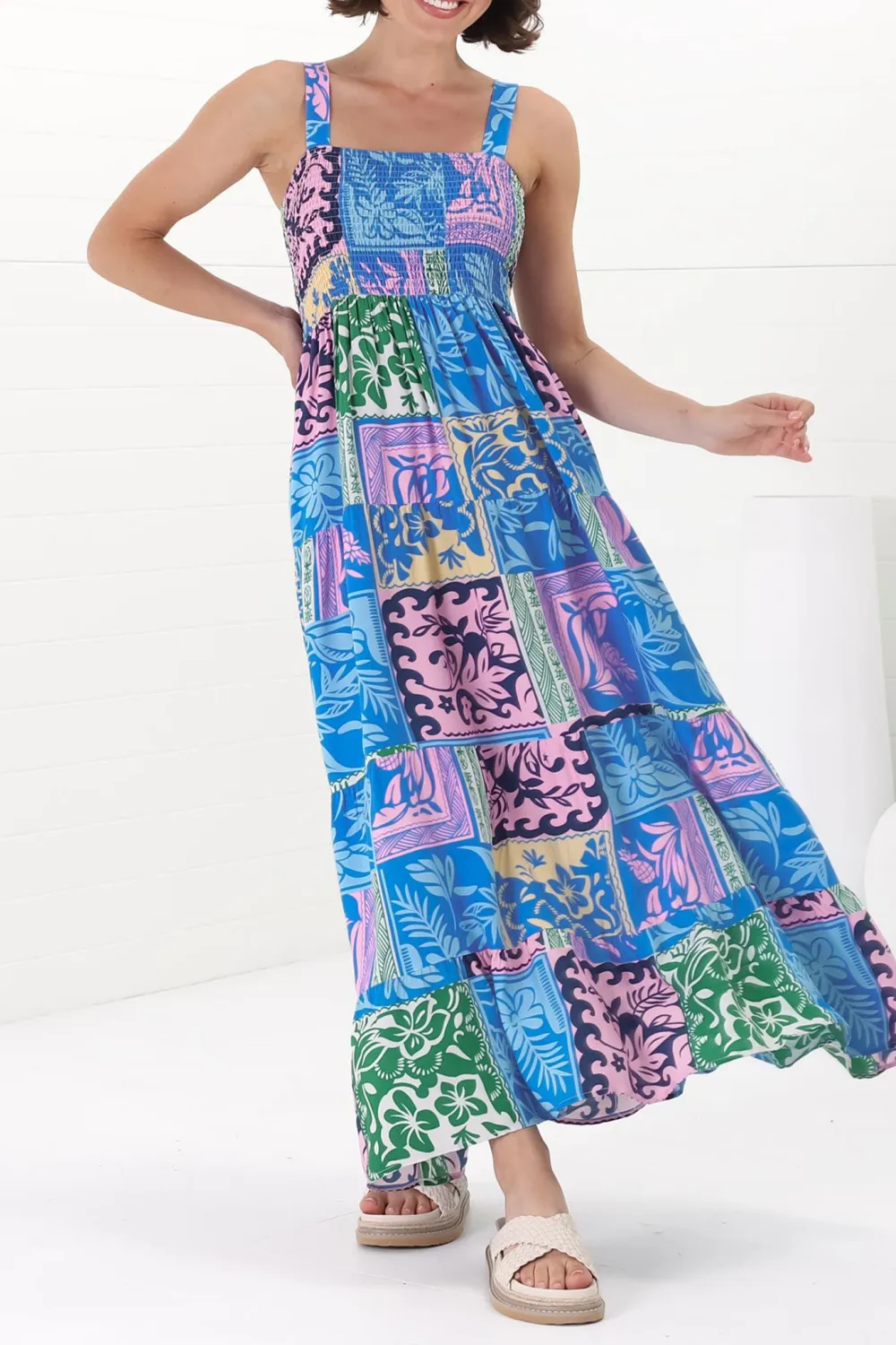 Blue Patchwork Print Strapless Maxi Dress