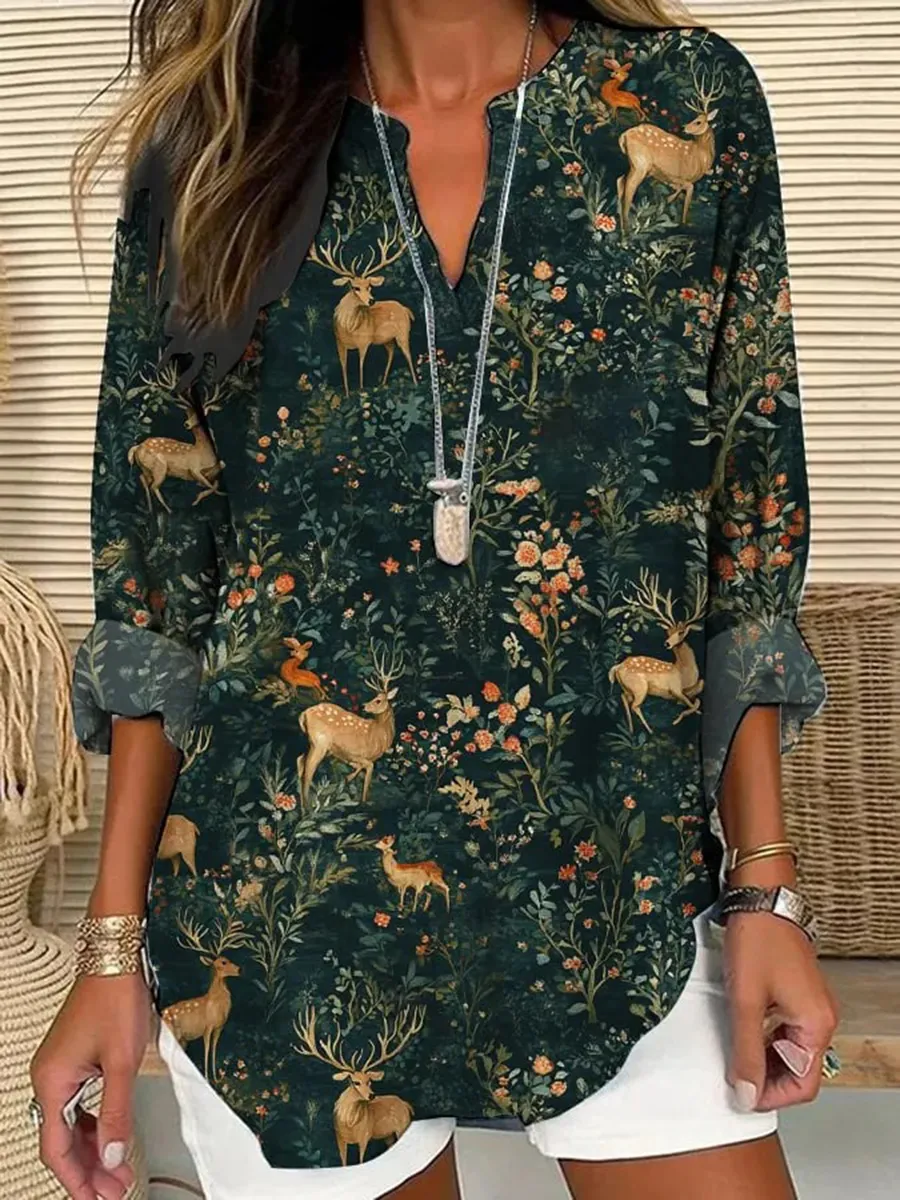 Women's National Forest Flora Print Casual Long Sleeve V-Neck Shirt