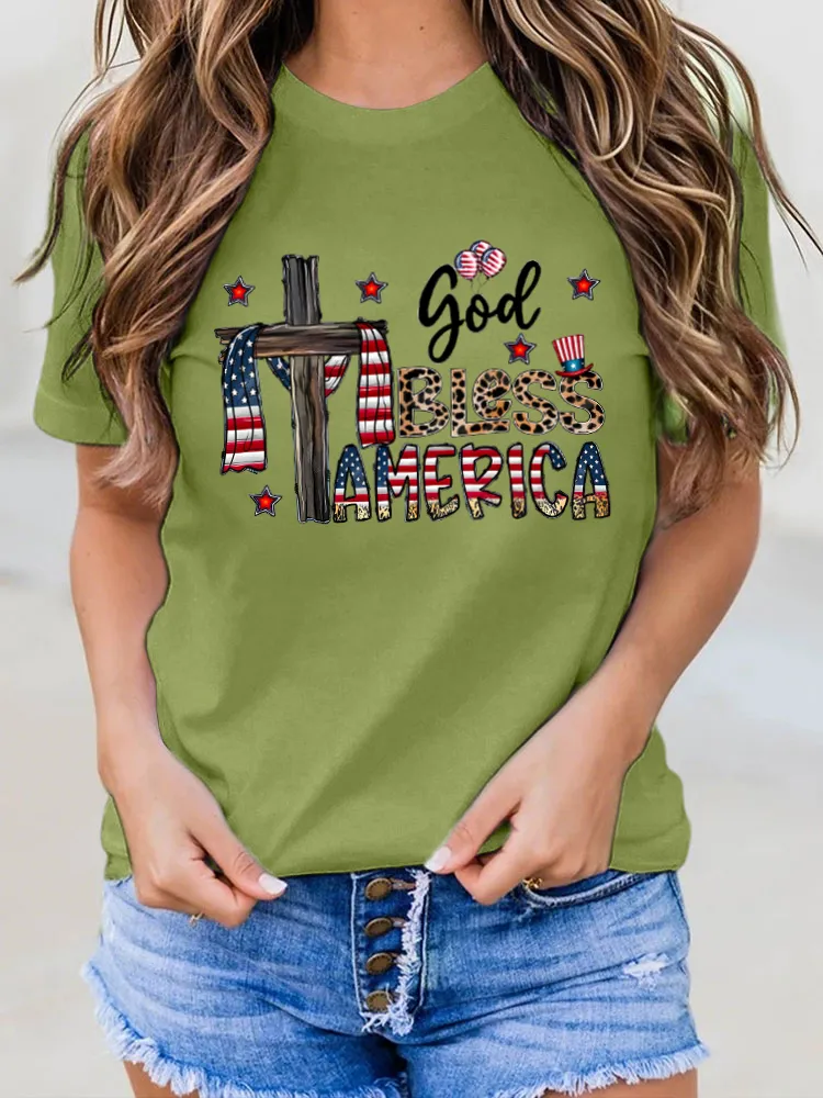 God Bless America Print Round-Neck Short-Sleeved T-Shirt