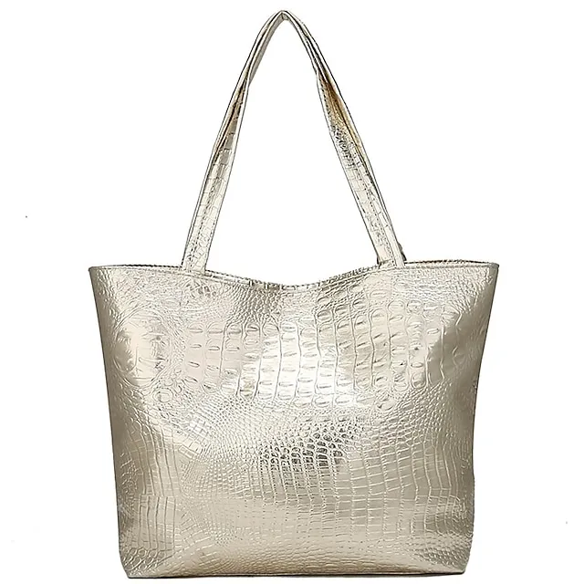 Women's Shoulder Bag Tote PU Leather Daily Embossed Solid Color Crocodile Silver Black Gold