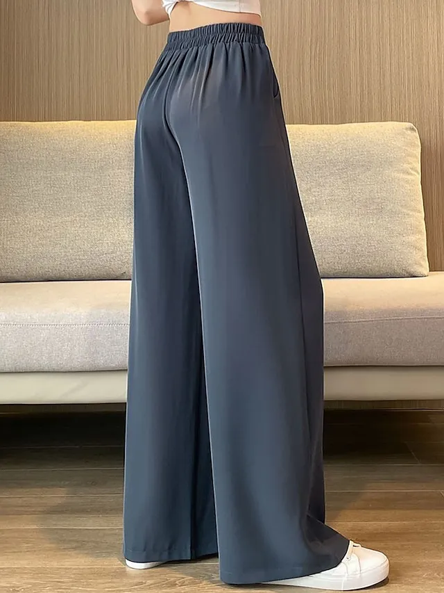 Women's Dress Pants Wide Leg Maillard Trousers Full Length Pocket Baggy Micro-elastic High Waist Fashion Streetwear Work Street Black Blue M L Summer Fall