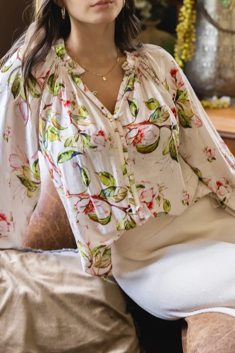 V-neck Print Lace Insert Blouse