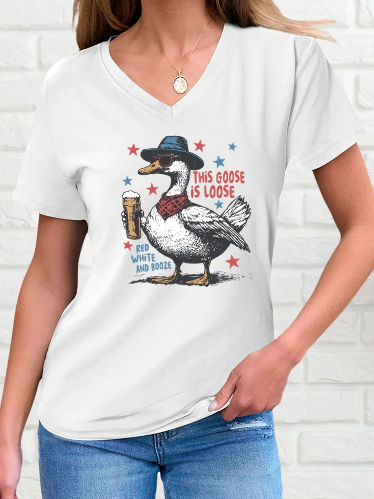 Woman'S This Goose Is Loose Red White And Booze Print Short-Sleeved T-Shirt