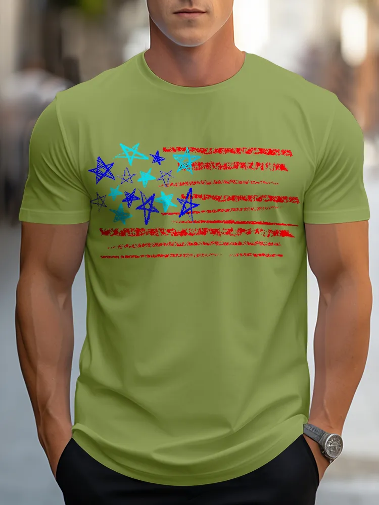 Man'S Stars And Stripes Print Round-Neck Short-Sleeved T-Shirt