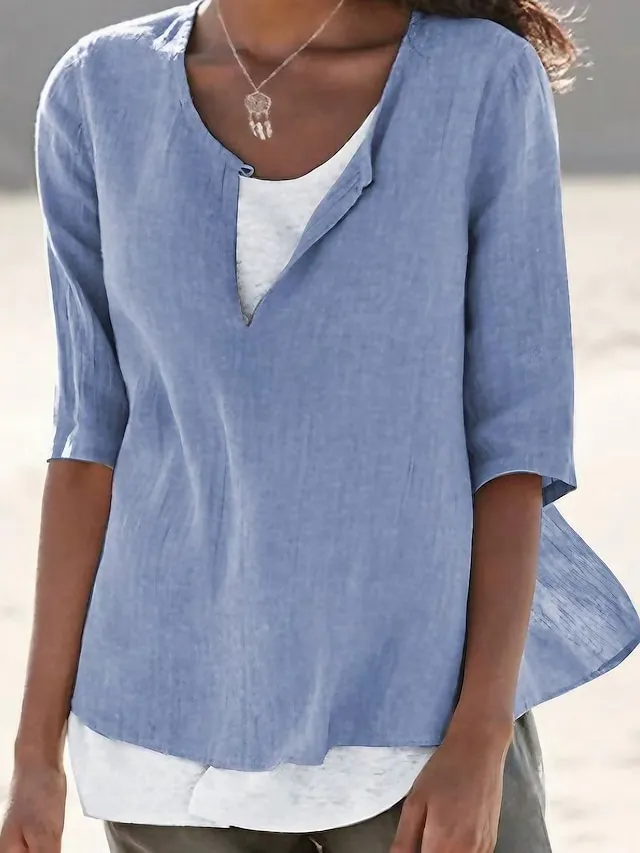 Women's Shirt Blouse Plain Black White Pink Half Sleeve Holiday Casual Beach V Neck Regular Fit