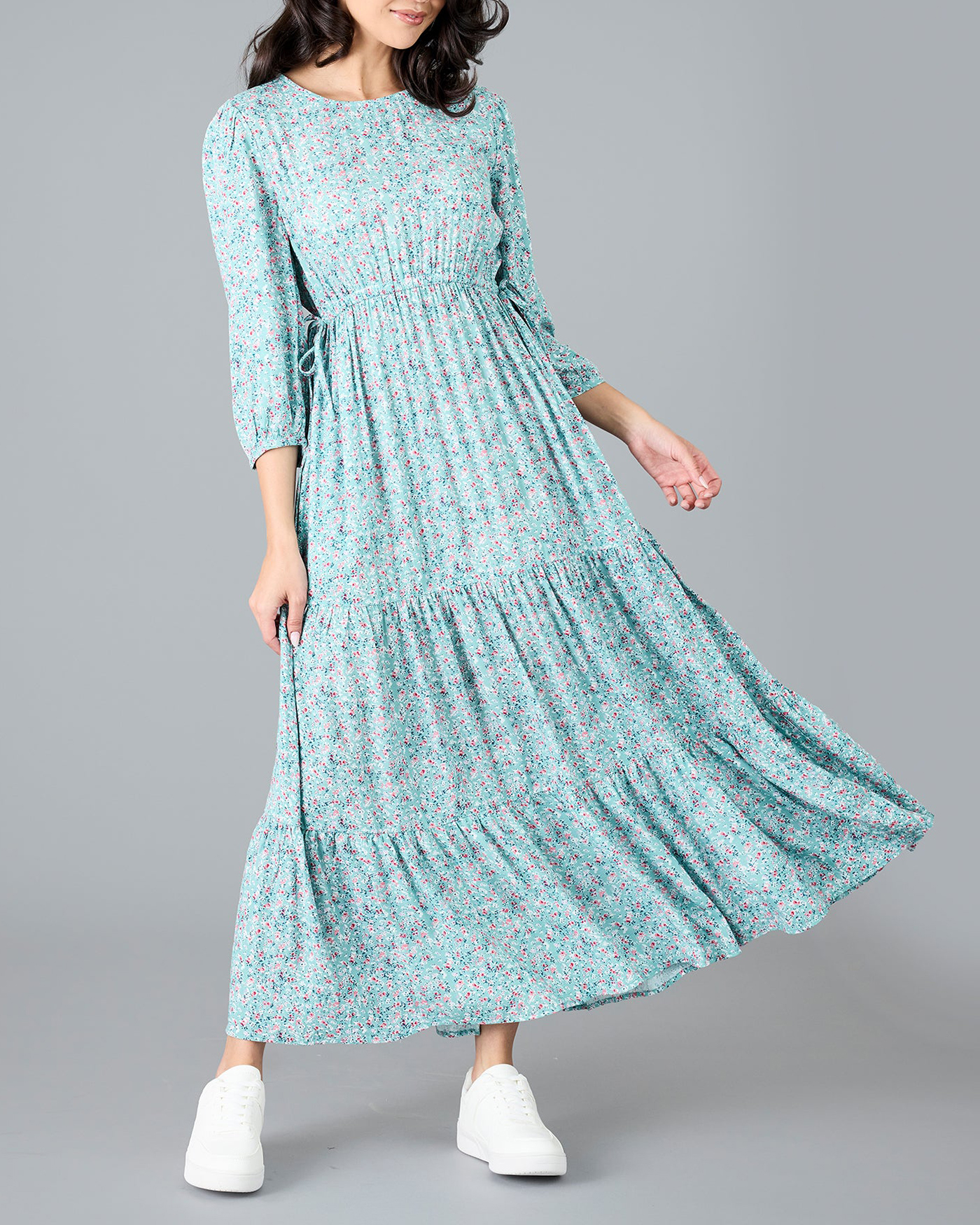 Blue Floral Print Tiered Maxi Dress