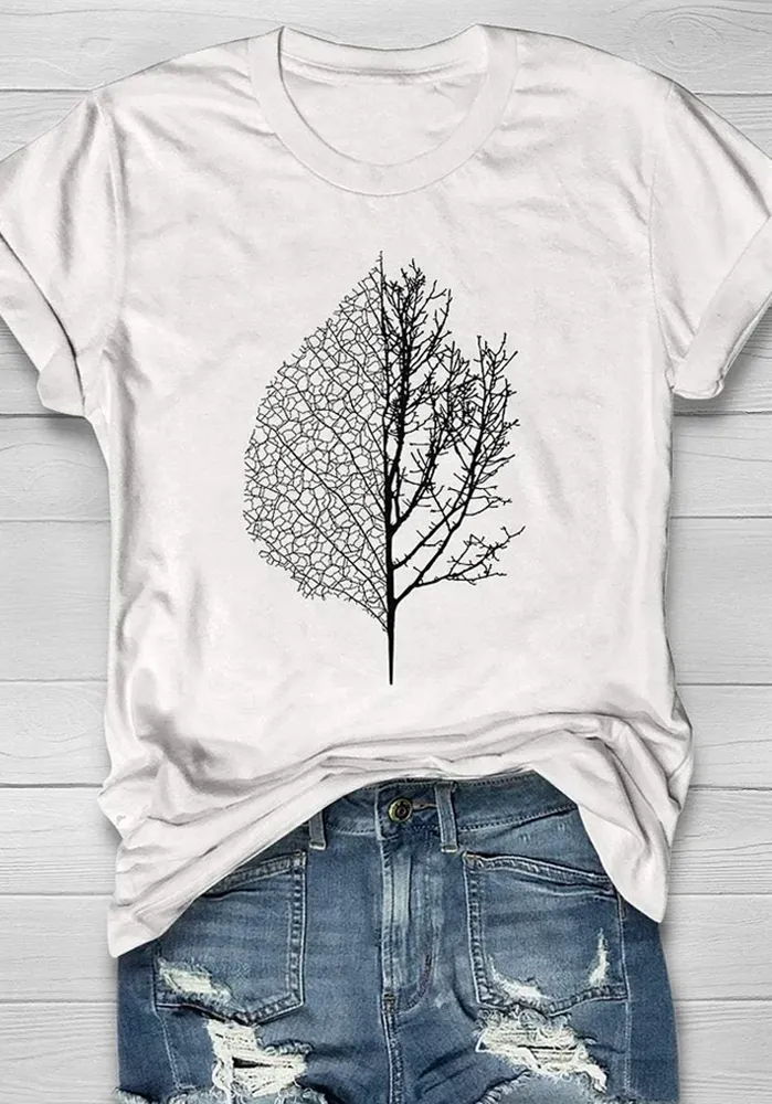 Women's Casual Leaves and Trees Forest Print Short Sleeve T-Shirt
