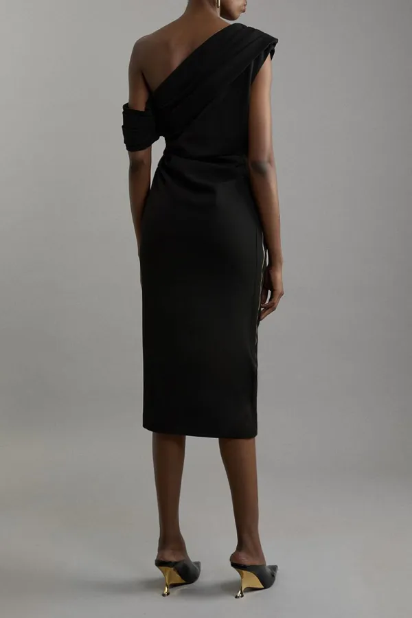 Structured Crepe Asymmetric Tailored Pencil Midi Dress