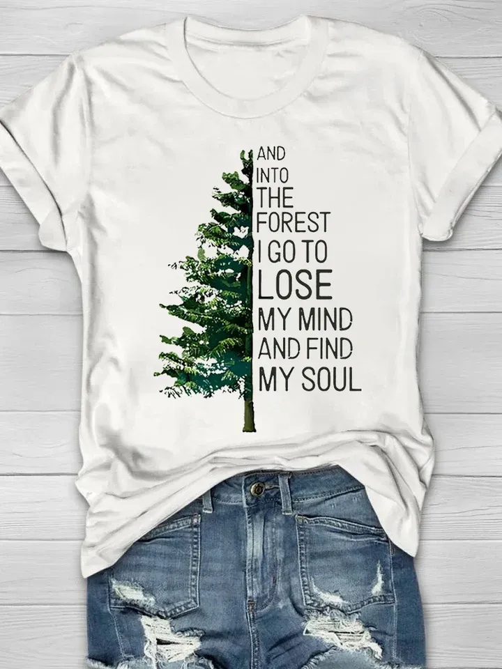 Women's Casual Natural Forest Print Short Sleeve Crew Neck T-Shirt