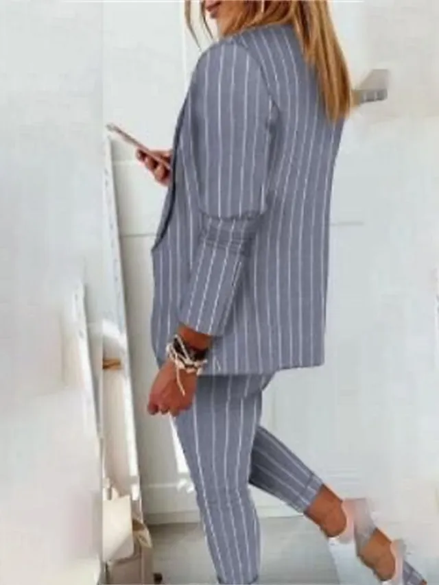 Women's Suits Office Work Daily Wear Spring Fall Regular Coat Regular Fit Thermal Warm Windproof Breathable Stylish Contemporary Modern Style Jacket Long Sleeve Color Block Striped Print White+Black