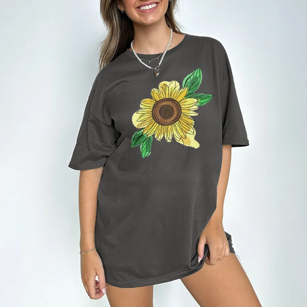Hand Drawn Sunflower Flower Pattern Casual T-Shirt
