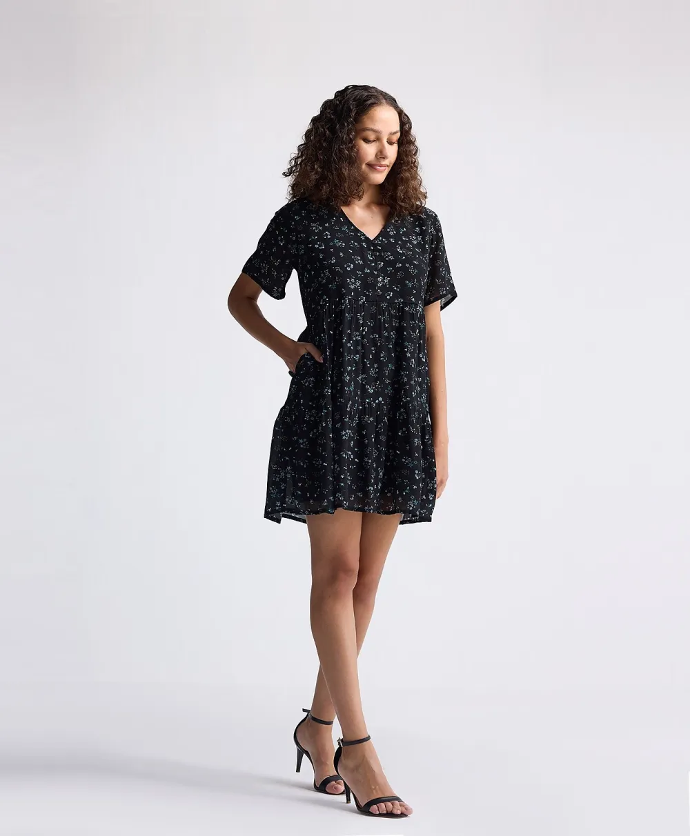 Reistor® Floral Short Tiered dress in Dark Blue
