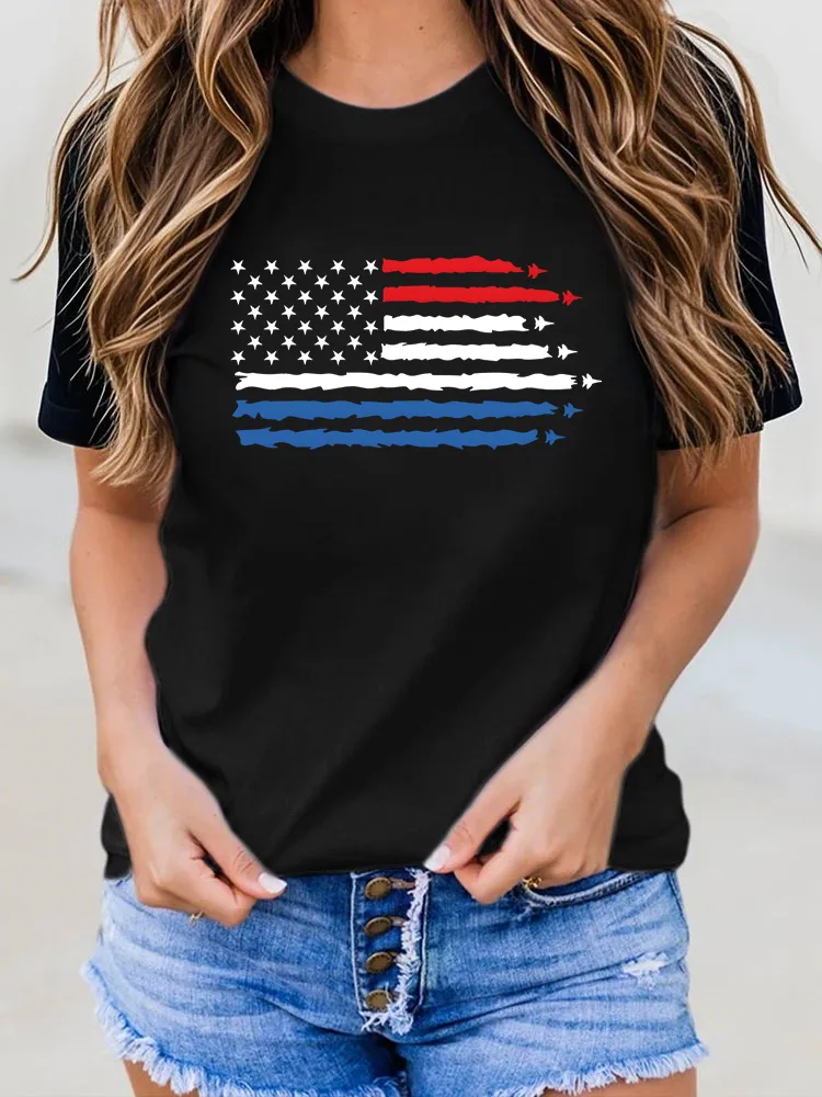 Woman'S Stars And Stripes Print Round-Neck Short-Sleeved T-Shirt