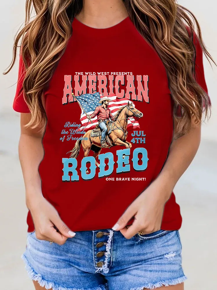 Woman'S American Robeo Round-Neck Short-Sleeved T-Shirt
