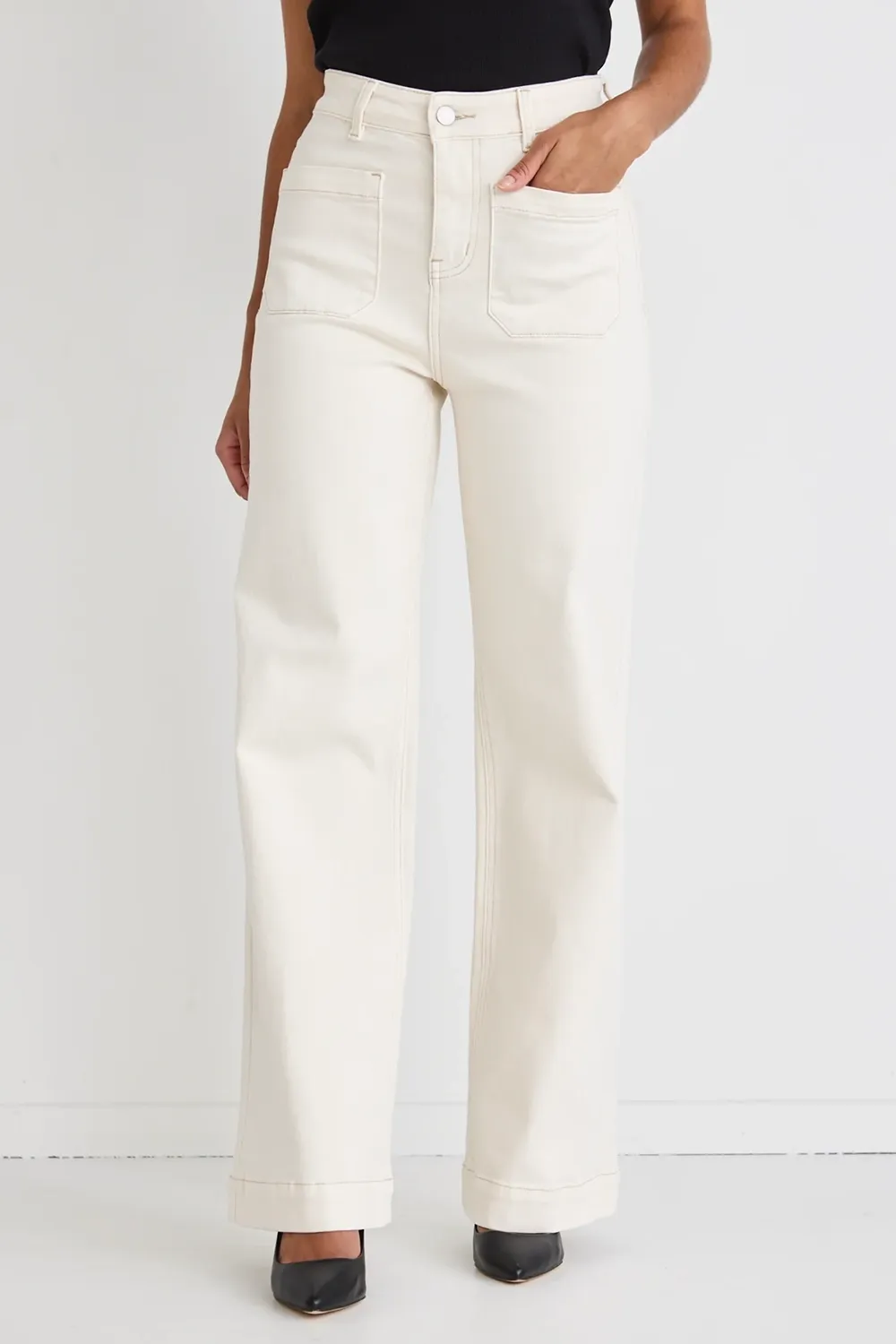 Ecru High Rise Wide Leg Pocket Jean