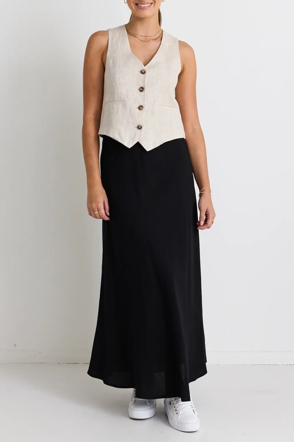 Linen Black Floaty Bias Cut Maxi Skirt