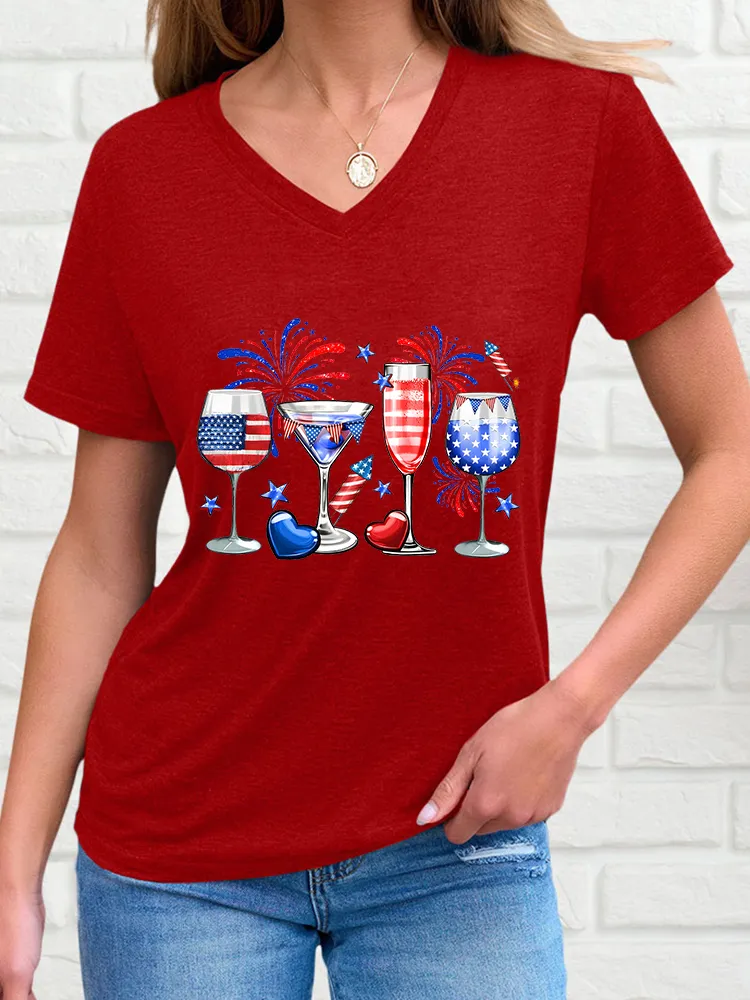 Woman'S Firework Star Bar Goblet V-Neck And Short Sleeves T-Shirt