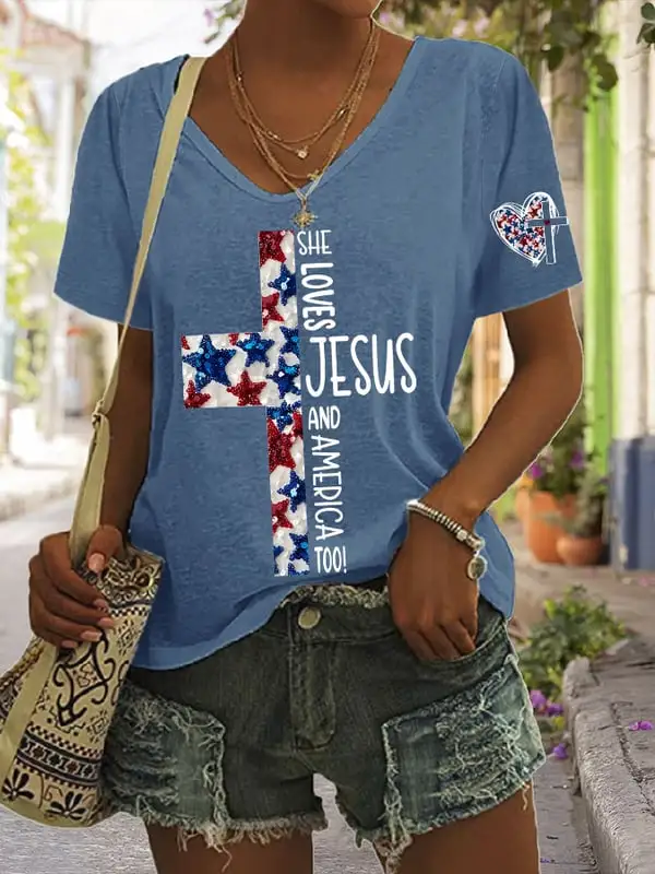 Woman'S She Loves Jesus And America Too! Short-Sleeve V-Neck T-Shirt