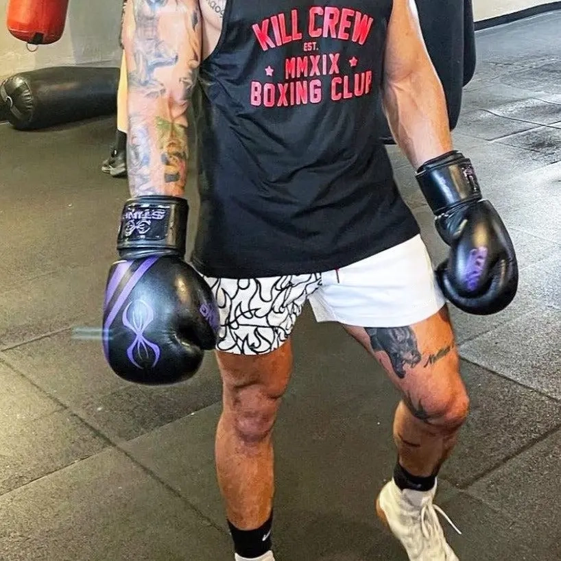 MUAY THAI FLAME SHORTS (MID THIGH CUT) - WHITE / BLACK