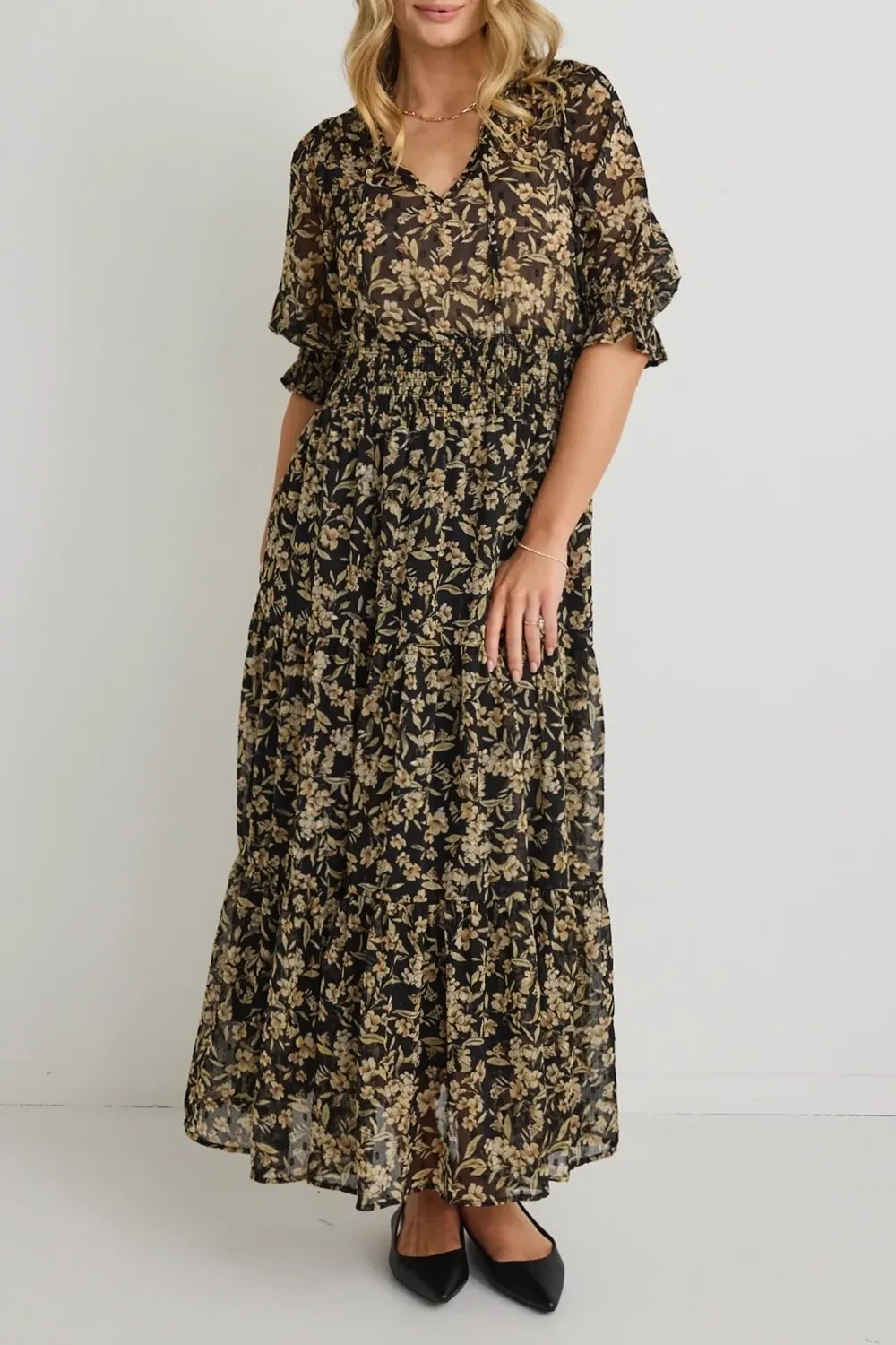 Floral Print Shirred Elastic Midi Dress