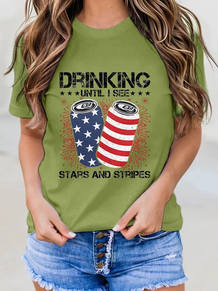 Woman'S Drinking Until I See Stars And Stripes Round-Neck Short-Sleeved T-Shirt