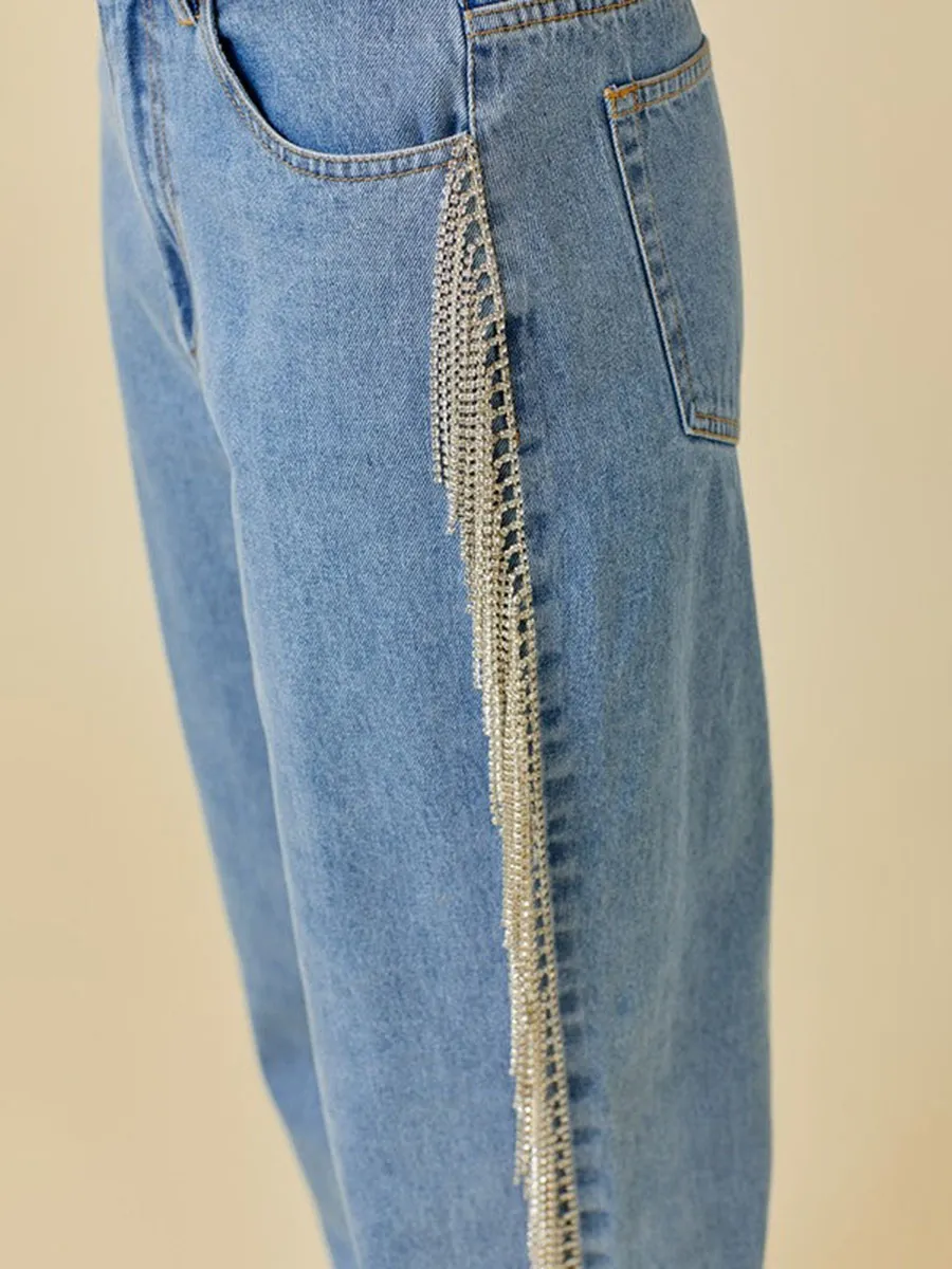 Side Sequin Fringe Jeans