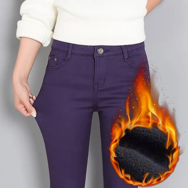 Women‘s Fleece Pants Tights Flannel Trousers lined Blue Purple Wine High Waist Fashion Office Causal Side Pockets High Elasticity Full Length Thermal Warm S M L XL XXL