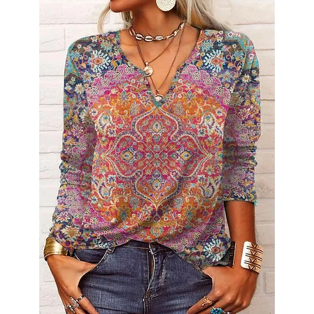 Women's Plus Size Shirt Blouse Black Pink Wine Paisley Color Gradient Vintage Button Print Long Sleeve Daily Casual V Neck Regular Fit Fall & Winter