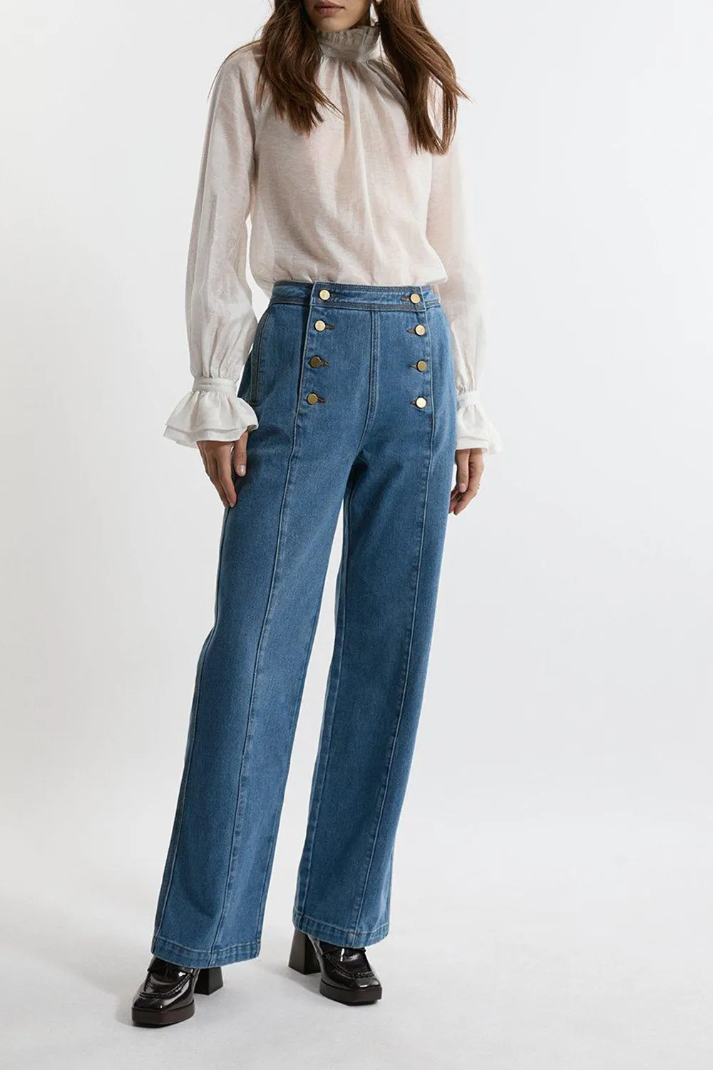 Denim Tailored Button Front Wide Leg Jeans