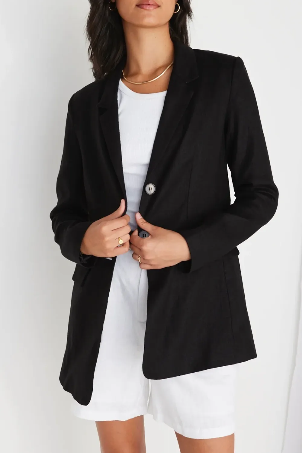 Black Linen Single Breasted Longline Blazer