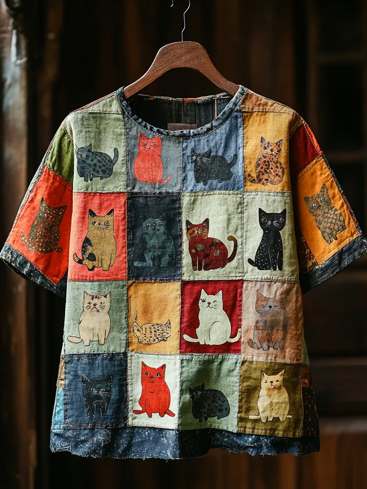 Women's Pop Art Cat Contrast Patchwork T-shirt