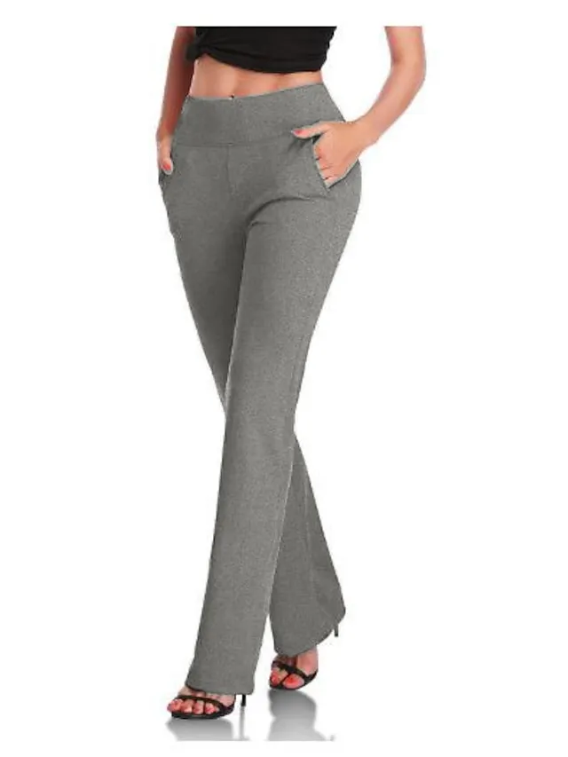 Women‘s Dress Work Casual Pants Trousers Straight Full Length Pocket Stretchy Trousers  Daily Black Wine S M