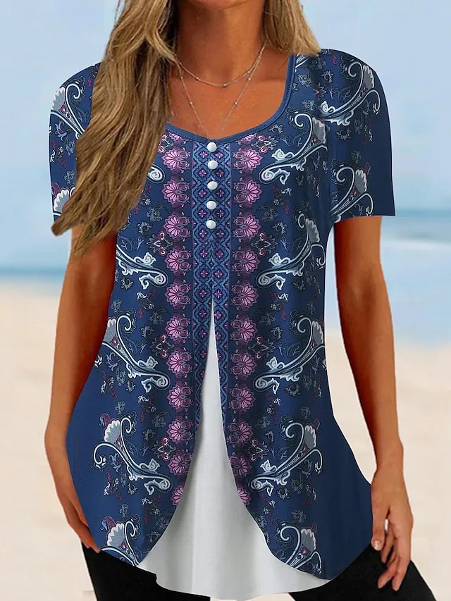 Women's T shirt Tee Pink Navy Blue Blue Floral Button Print Short Sleeve Holiday Weekend Basic Round Neck Regular Fit Floral Painting