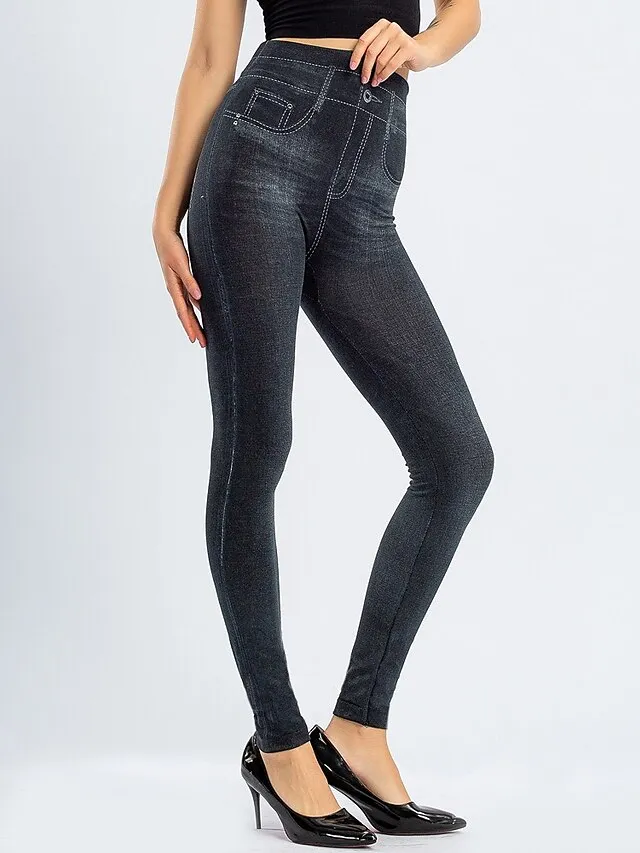 Women's Leggings Faux Denim Ankle-Length Stretchy High Waist Fashion Casual Weekend Black Blue S M