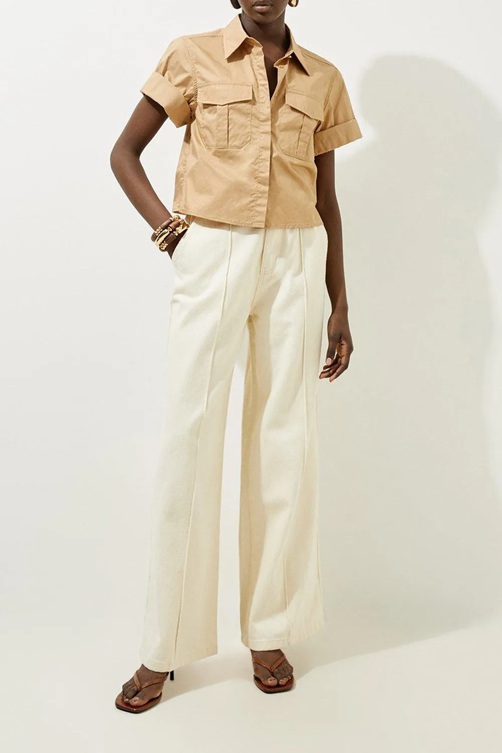 Non-Stretch Denim Waistband Detail Wide Leg Trousers