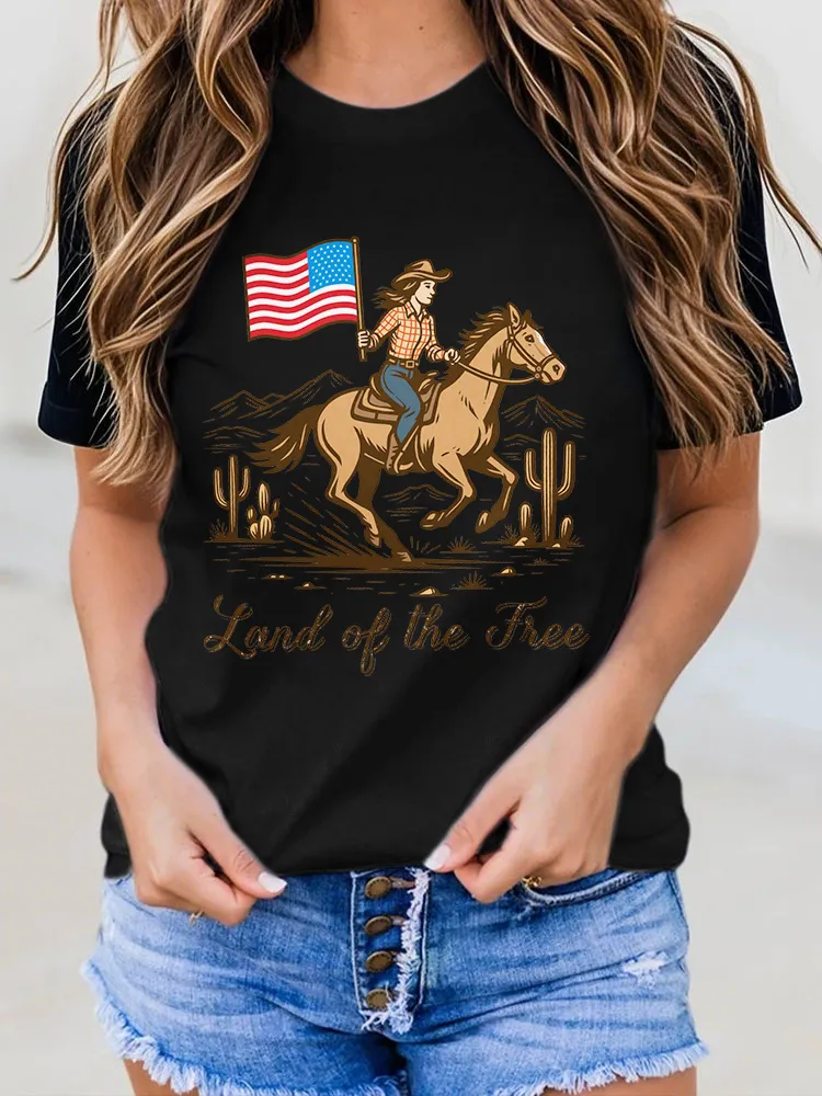 Woman'S Land Of The Free Round-Neck Short-Sleeved T-Shirt