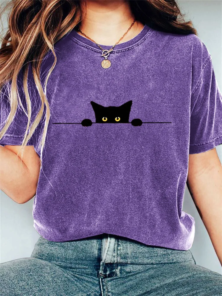 Women's Casual Funny Black Cat Print T-shirt