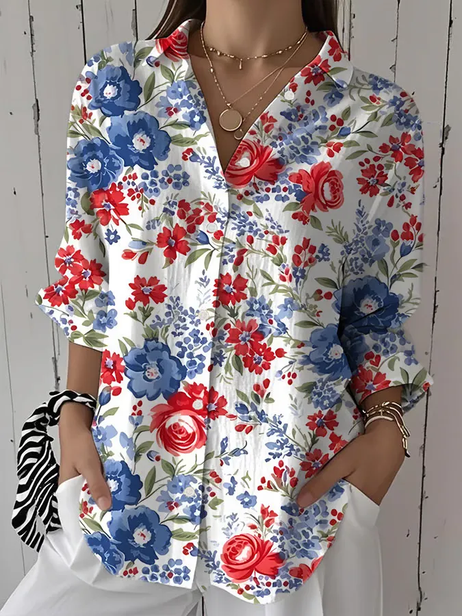 Women'S Large-Sized Flower Print Lapel Shirt