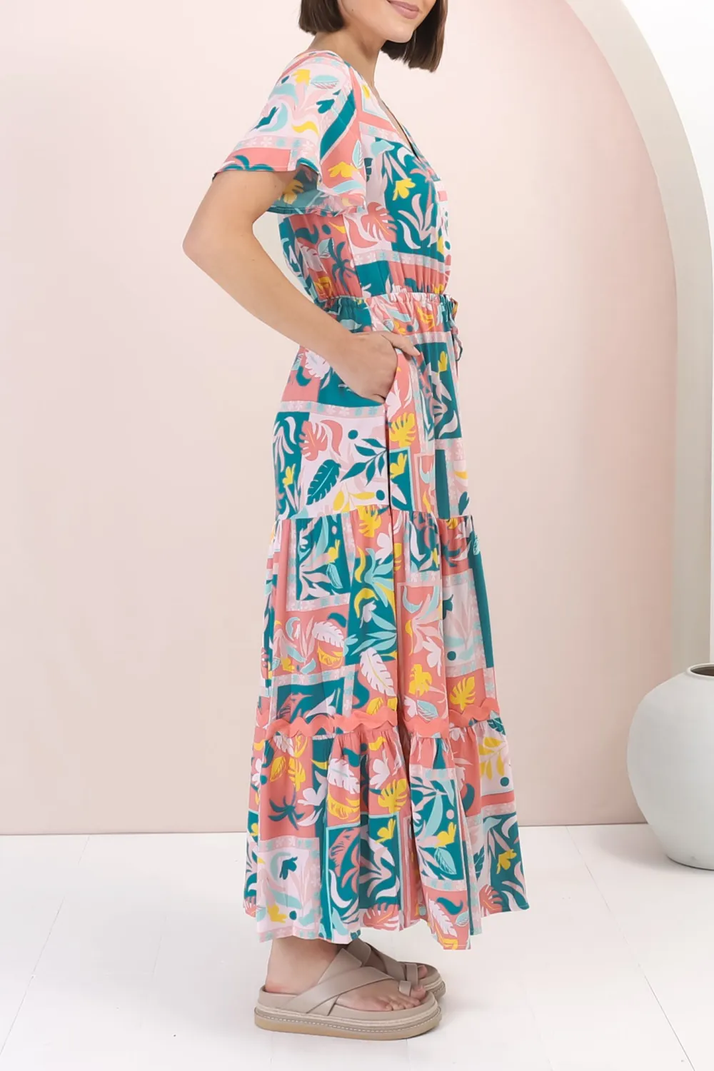 Colorful Patchwork Print Short Sleeve Maxi Dress