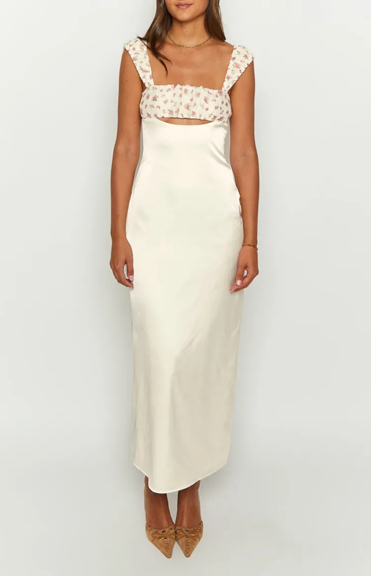 Cream Satin Square Neck Maxi Dress