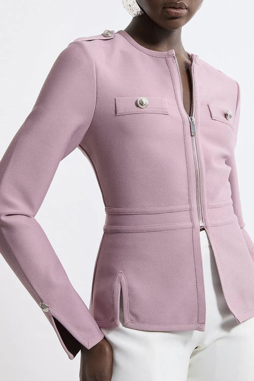 Military Contrast Piping Knit Split Hem Jacket