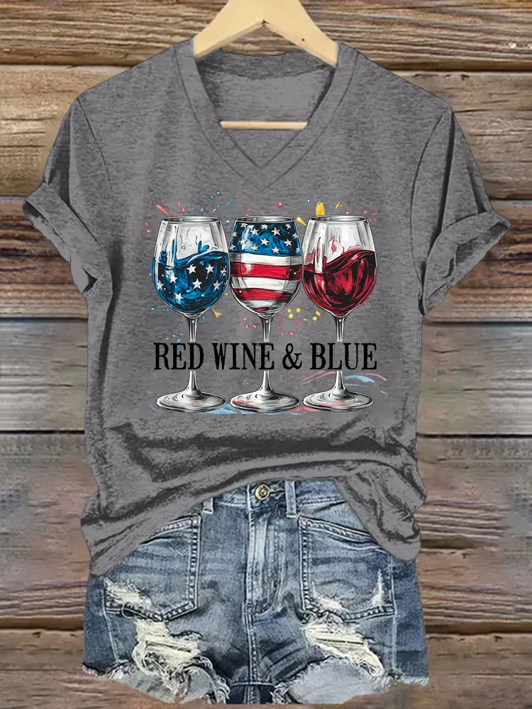 Woman'S Red Wine And Blue V-Neck And Short Sleeves T-shirt