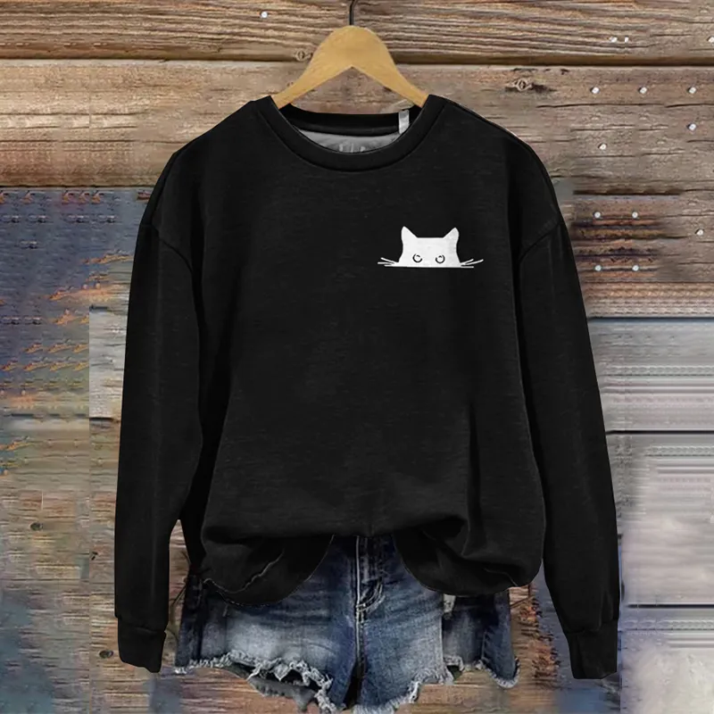 Women's Embroidered Black Cat Print Sweatshirt