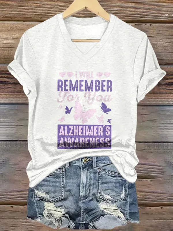 Women'S I Will Remember For You Alzheimer'S Awareness V-Neck Short-Sleeved T-Shirt