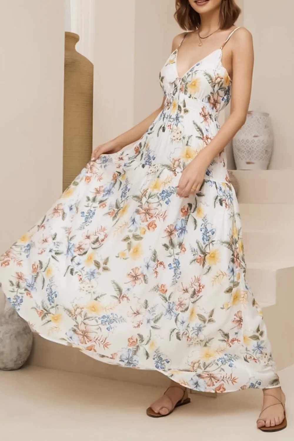 White Floral Print Tiered Maxi Dress