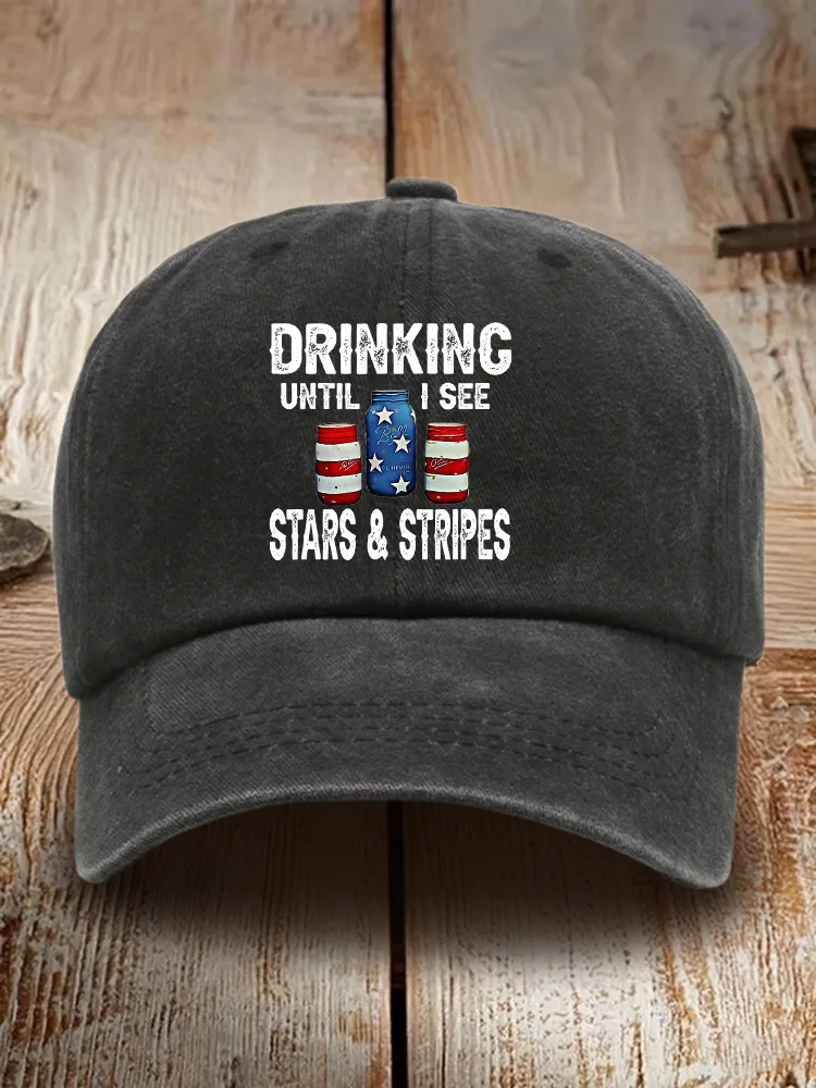 Drinking Until I See Stars And Stripes Print Washed Baseball Cap