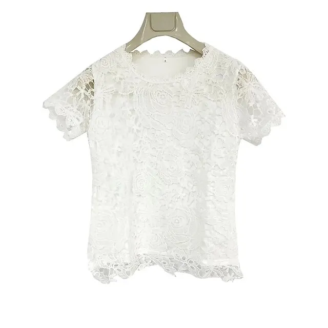 Women's Shirt Blouse Black White Pink Plain Lace Short Sleeve Casual Vintage Fashion Basic Round Neck Regular Fit