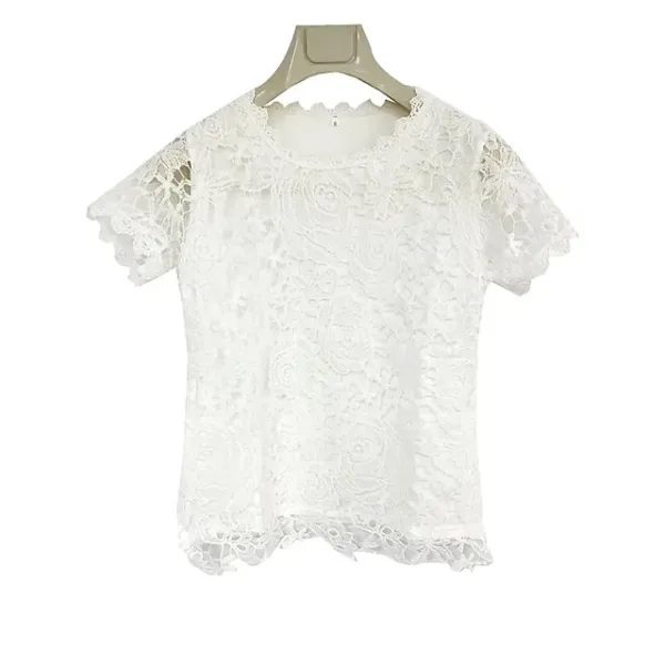 Women's Shirt Blouse Black White Pink Plain Lace Short Sleeve Casual Vintage Fashion Basic Round Neck Regular Fit
