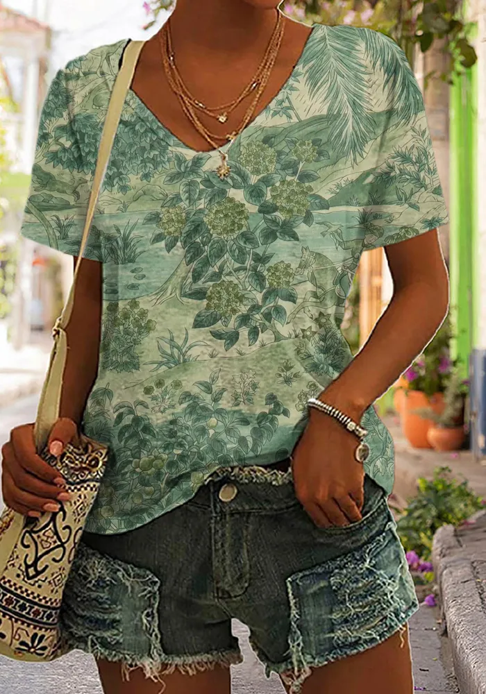Women's Casual V-neck Green Plant Print Short Sleeve T-shirt