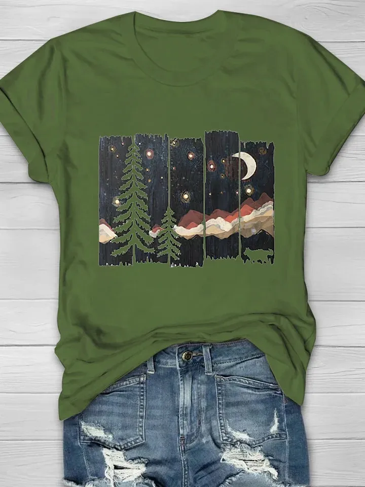 Women's Casual Natural Forest Print Short Sleeve Crew Neck T-Shirt